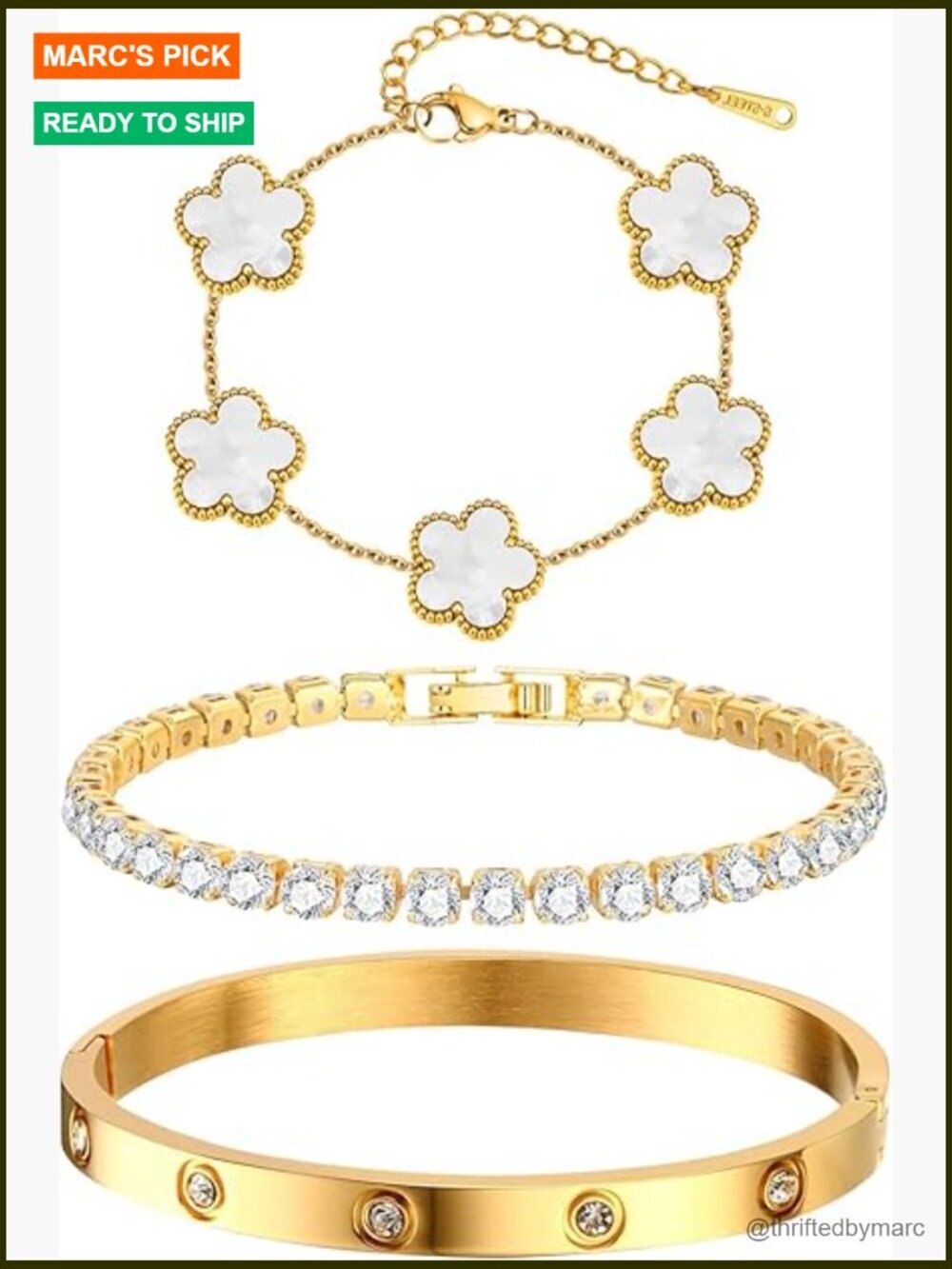 18K Gold Plated Bangle Bracelet Set - 3Pcs Stackable Stainless Steel CZ Bangle